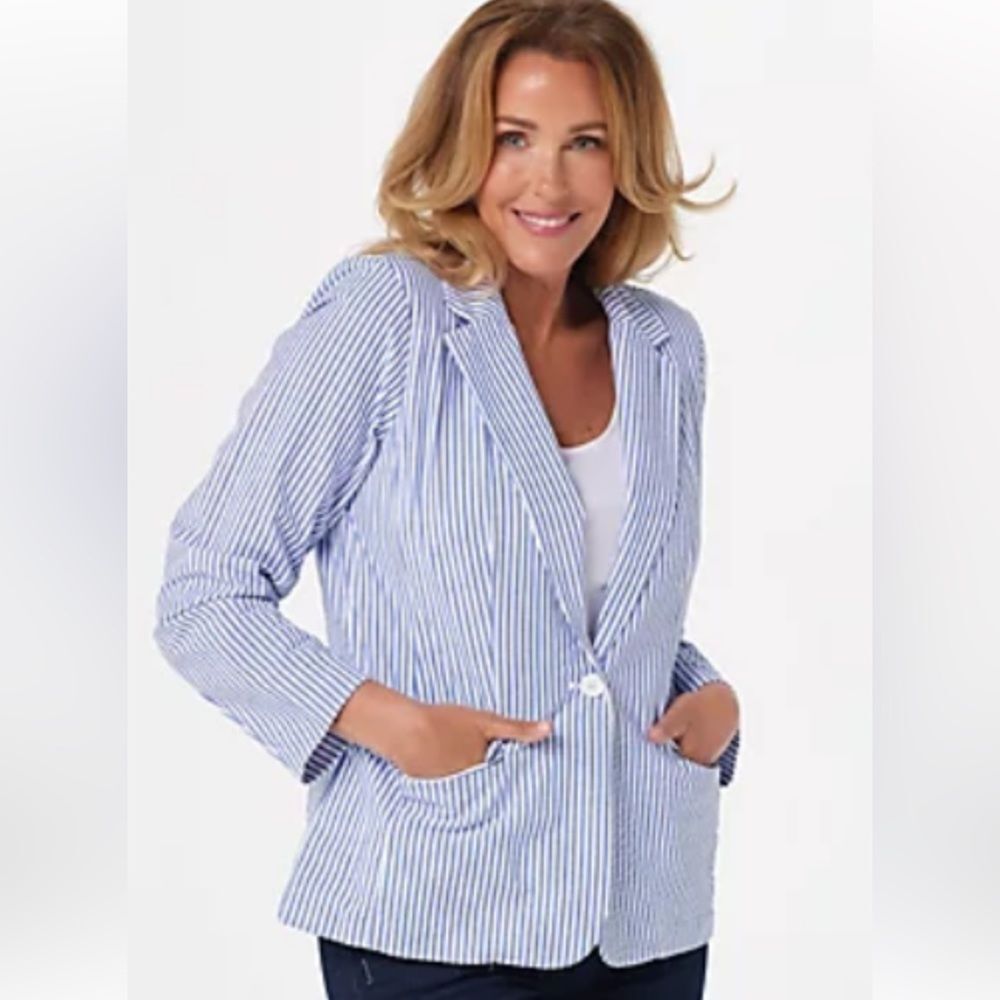 Plus Size Joan Rivers Seersucker Blue White Striped Women’s Blazer Jacket Sz 26W